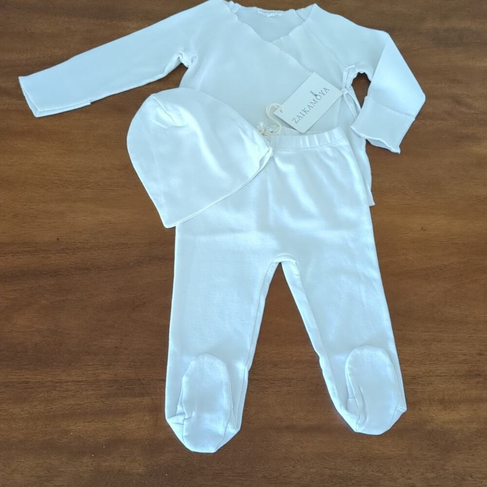 Baby gender neutral organic cotton kimono style top/bottom/hat white size 6-12M